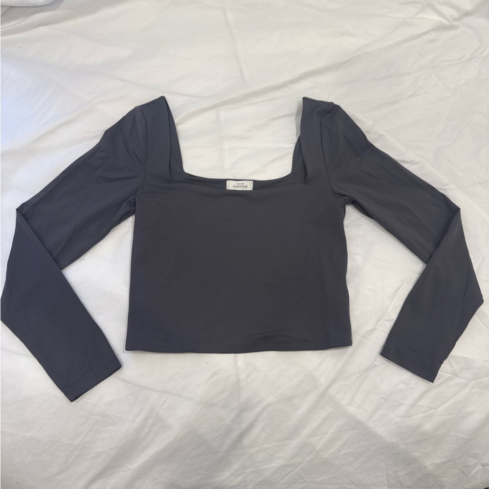 Babaton Contour Square Neck Long Sleeve Crop Top Gray Large Minimalist Clean - Picture 2 of 9
